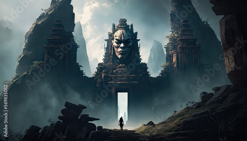 Minotaur guardsman protecting a sacred temple. The landscape is a towering and imposing temple filled with mysterious symbols and ancient relics. Illustration fantasy by generative IA photo