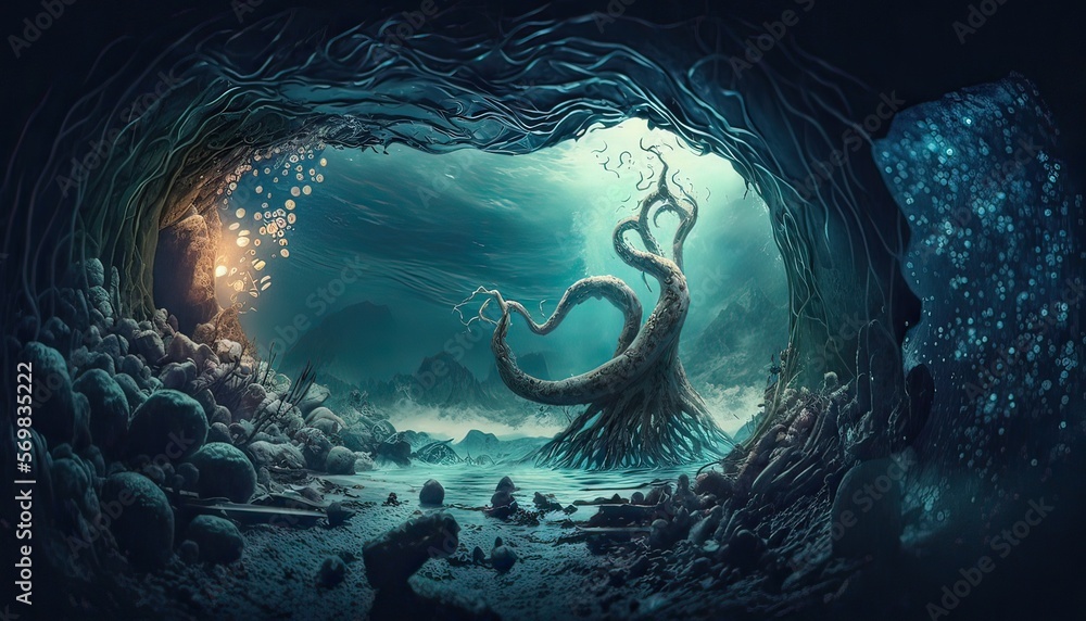 Obraz premium A cold and dank underwater cave filled with tentacles and strange whispers. Illustration fantasy by generative IA
