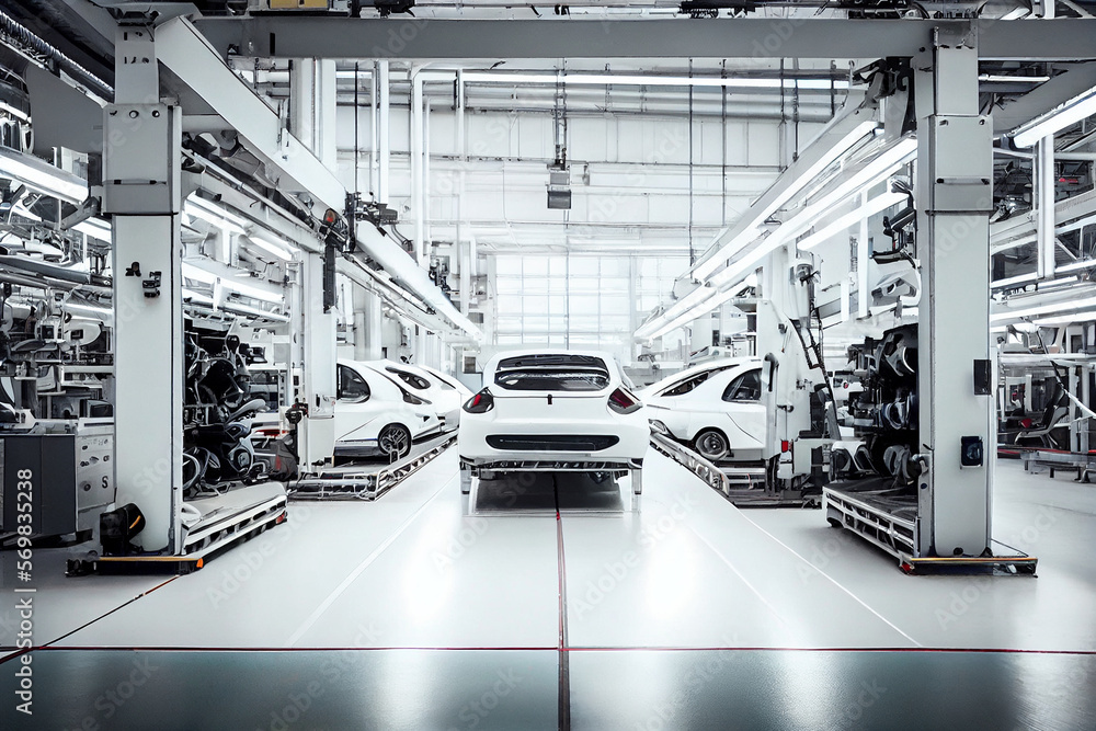 Obraz premium Robot conveyor production line of machines in a machine factory, electric machines on conveyors, process assembly of parts, green energy. Generative AI