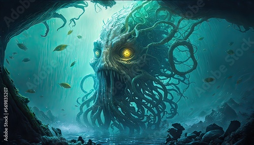 Eldritch abomination rising from the depths of the ocean. The environment is a cold and dank underwater cave filled with tentacles and strange whispers. Illustration fantasy by generative IA photo