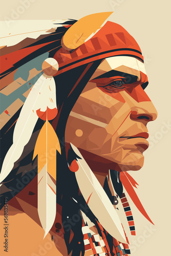 Native american indian man with feathers in profile, vector illustration