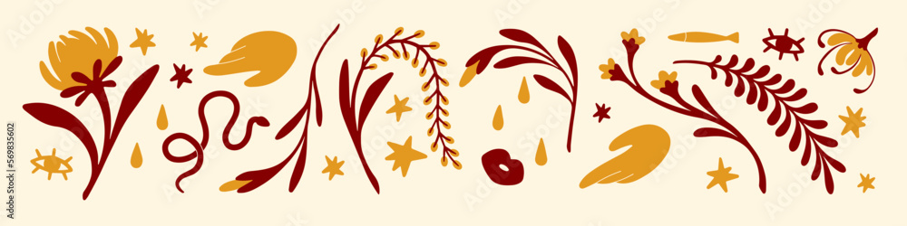 Abstract mystic elements, flowers, leaf, branches set. Modern esoteric decorations clip-arts. Whimsical fancy organic creative decorative bundle, collection. Isolated flat vector illustrations Abstract mystic elements, flowers, leaf, branches set. Modern esoteric decorations clip-arts. Whimsical fancy organic creative decorative bundle, collection. Isolated flat vector illustrations