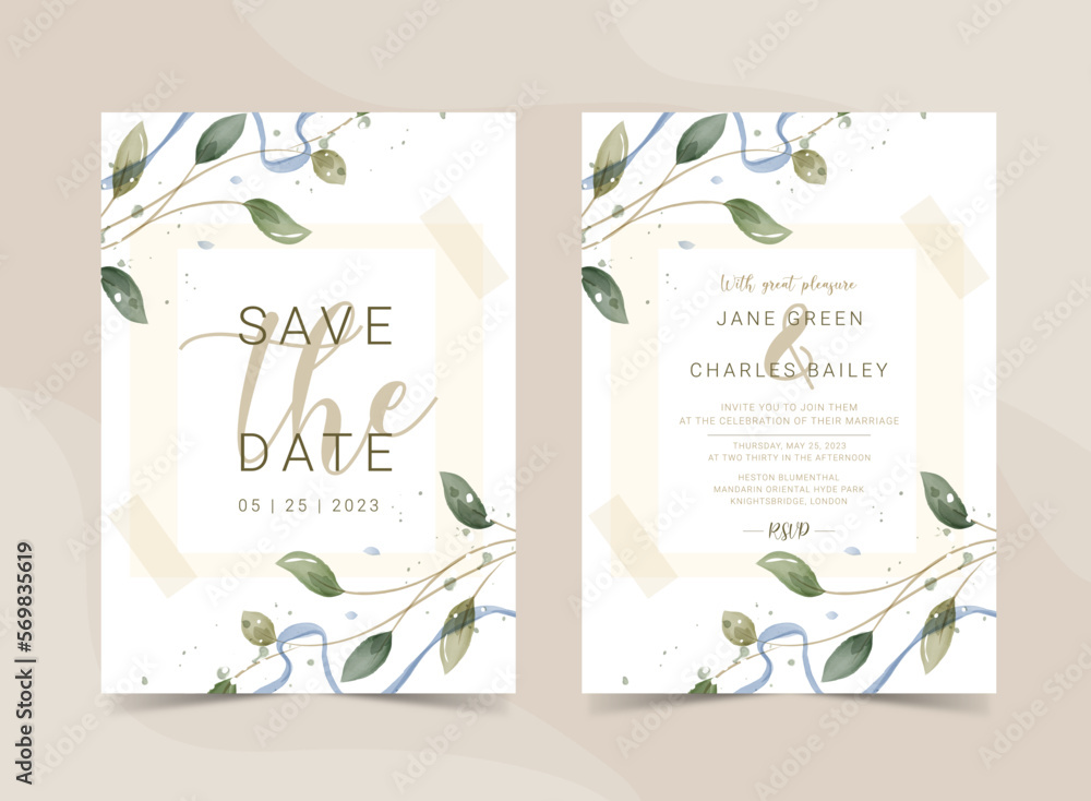  Greenery Watercolor Floral wedding invitation, template card design in rustic style