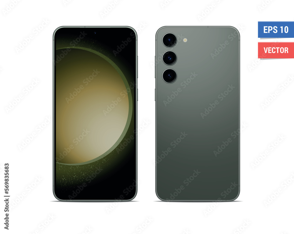 Realistic vector flat mock-up Samsung Galaxy S23 Plus with blank screen isolated on white background. Scale image any resolution Realistic vector flat mock-up Samsung Galaxy S23 Plus with blank screen isolated on white background. Scale image any resolution