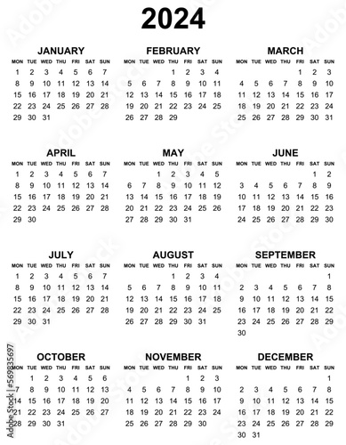 Simple editable vector calendar for year 2024 mondays first, sundays on black, easy to edit and use