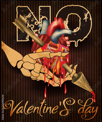 No Valentines day, skeleton hand holding a bloody heart with an arrow, vector illustration