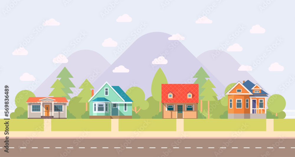 Landscape houses on the background of mountains in cartoon style for print and design.Vector illustration.