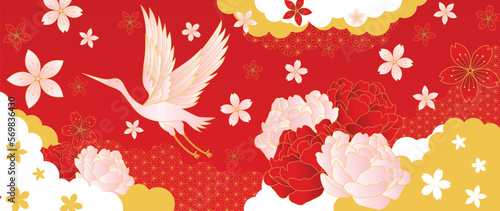 Luxury abstract oriental pattern background vector. Elegant japanese pattern gold line art design with crane birds and chrysanthemum flowers. Design illustration for home decoration, card, poster.