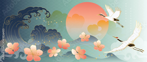 Luxury abstract oriental pattern background vector. Elegant japanese pattern gold line art design with crane birds, ocean wave, sakura flowers. Design illustration for home decoration, card, poster.