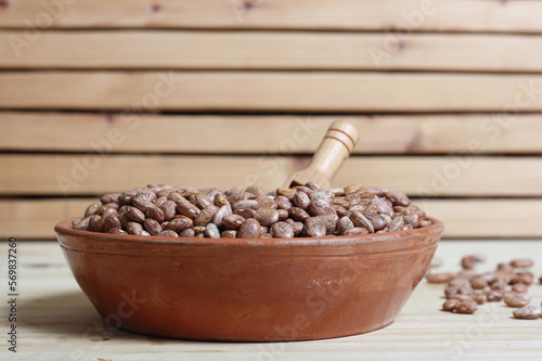 Dry Pinto Beans in Clay Bowl With Wooden Spoon in Rustic Kitchen