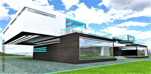 Awesome blue cloudy sky above luxury suburban mansion with glass illuminated exterior. Stunning mountains on the background. 3d rendering.