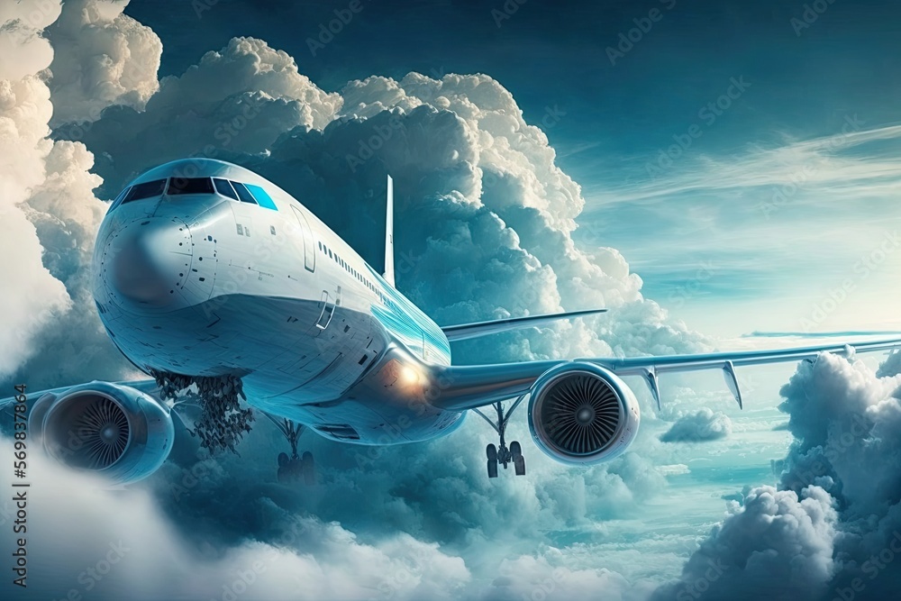 Fototapeta premium Airplane flying high in the blue sky. Empty blue sky with white clouds at background. Business Travel Concept. Generative AI