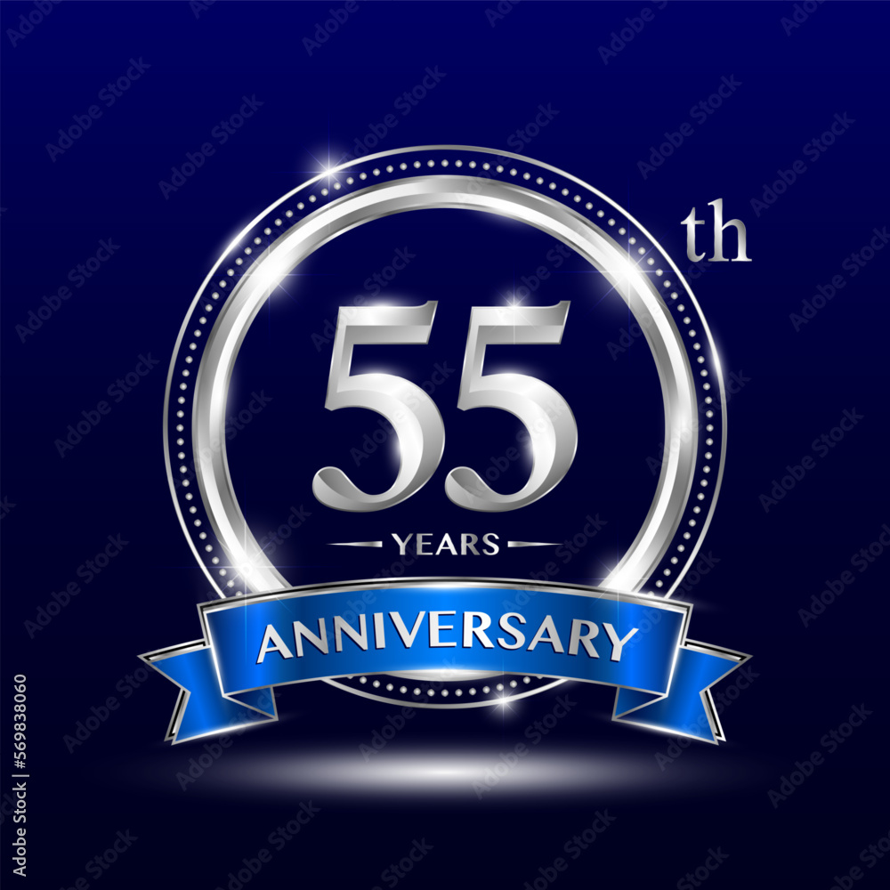 55th Anniversary logo with retro style, silver color ring design and blue ribbon for anniversary celebration event. Logo Vector Template 55th Anniversary logo with retro style, silver color ring design and blue ribbon for anniversary celebration event. Logo Vector Template