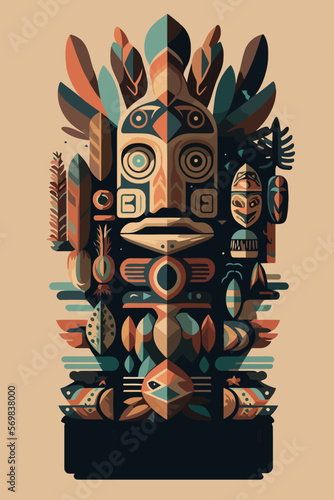 Colored Indian Wooden totem pole with tiki mask and eagle. Vector cartoon illustration