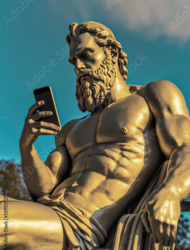 Statue of greek god using a cell phone