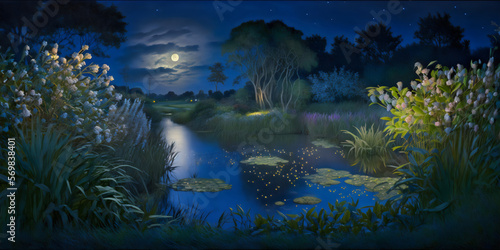 fantasy night waterscape with flowers and stars created with generative ai © Ricky