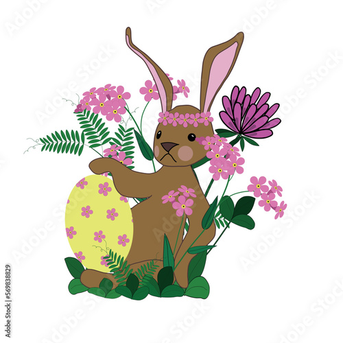 Easter vector illustration with rabbit, egg and plants