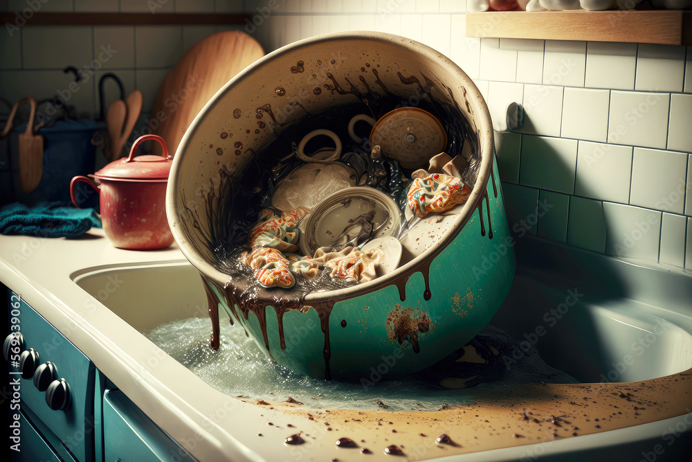 kitchen mess from clogged sink filled with dirty water and huge bowl