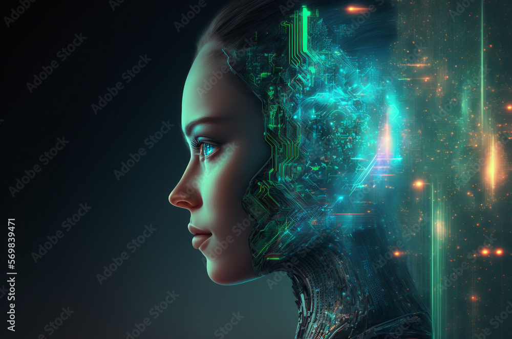  Beautiful young woman with electronic circuits. Artificial intelligence concept. Created with Generative AI technology.