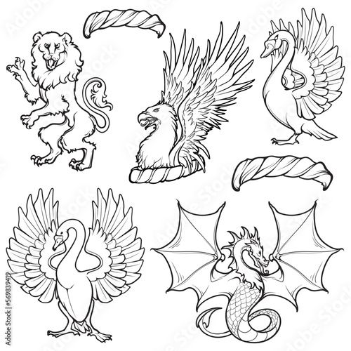 Set of 5 Heraldic figures used as a helmets crest. Black line drawings isolated on white background. EPS10 vector illustration.