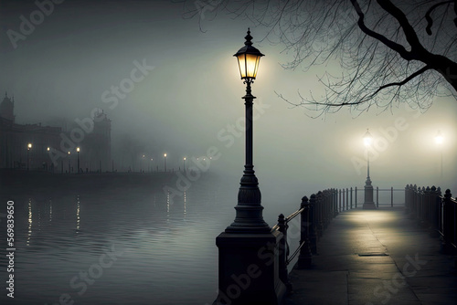 Fotobehang embankment in fog with lit lamp post standing by water