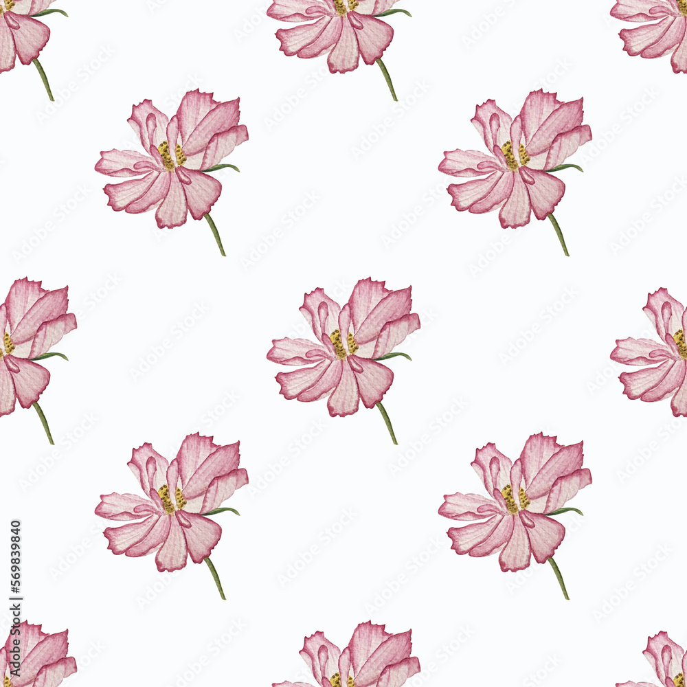 Watercolor summer pattern with pink flowers