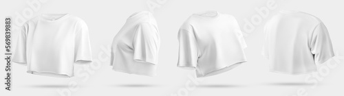 White crop top mockup 3D rendering, women's loose t-shirt, no body, isolated on background. Set