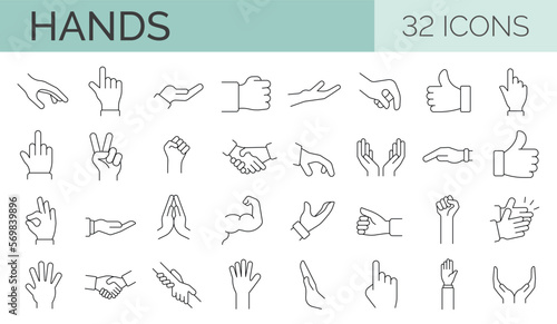 Set of 32 line icons of hands showing different gestures. Editable stroke. Vector illustration