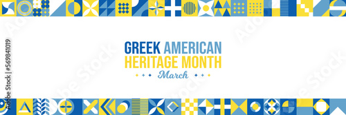 Greek American Heritage Month Background. Celebrating contribution of Greek Immigrant in United States of America in March. Horizontal website header vector illustration. Neo Geometric pattern concept