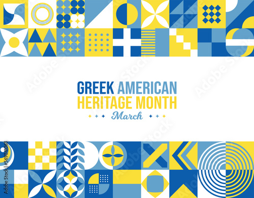 Greek American Heritage Month Background. Celebrating contribution of Greek Immigrants in United States of America in March. Social media post vector illustration. Neo Geometric pattern poster concept