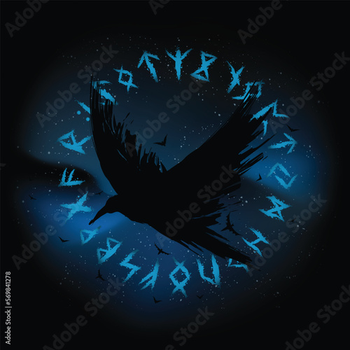 Sky and raven with runes circle