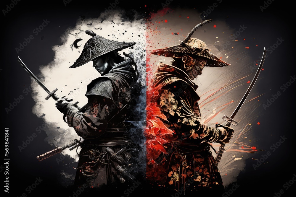 Two samurai stand back to back. Swordsmen, middle ages, fantasy, full