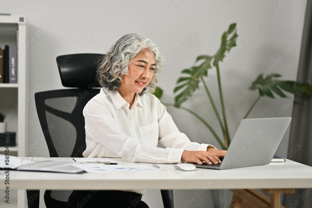 Successful middle aged businesswoman using laptop computer in modern office. Successful middle aged businesswoman using laptop computer in modern office.