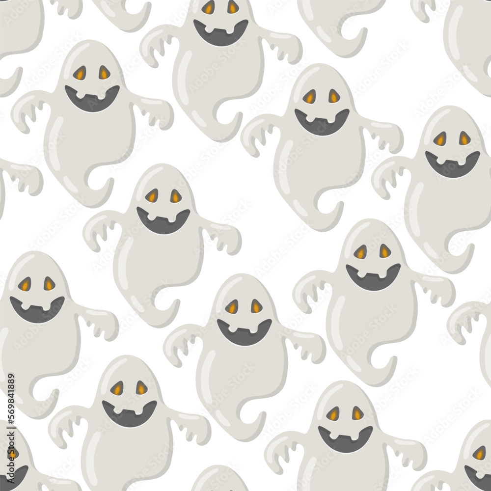 Funny happy ghost vector seamless pattern. Childish spooky boo background for kids. Magic scary spirit. Cartoon vector texture of comic phantom Funny happy ghost vector seamless pattern. Childish spooky boo background for kids. Magic scary spirit. Cartoon vector texture of comic phantom