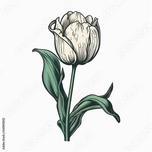 cartoon style hand drawn tulip with dark outline white background photo