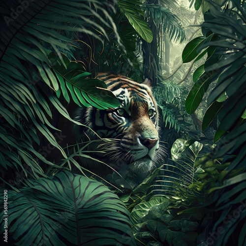 Tiger on the background of the tropical jungle. Exotic and dangerous animals, wild nature, hunting predator, sneaking, high resolution, illustrations, art. AI