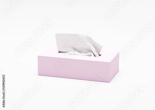 Pink box of tissues on clean white background.  One tissue coming out.