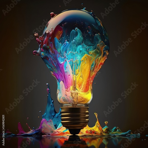 Light bulb made of paint on a dark background. Evrika, electricity, concept ideas, lighting, technology, high resolution, illustrations, art. AI photo