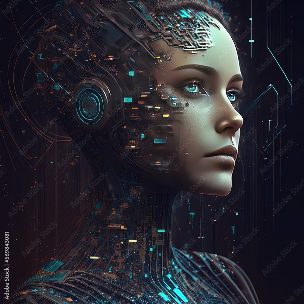 Artificial intelligence humanoid cyber girl with neural. Technologies