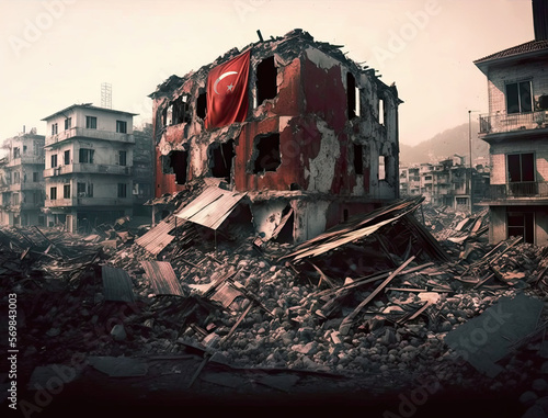 Earthquake ruined buildings with national Turkey flag on ruins, rubble and debris of buildings destroyed by strong tremor. Dramatic atmosphere of destroyed houses with red Turkish flag, generative AI photo