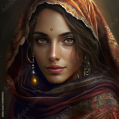 A beautiful Arab woman with a golden ornament on her forehead. Non-existent person, brown eyes, covered head, gold earrings, high resolution, illustrations, art. AI