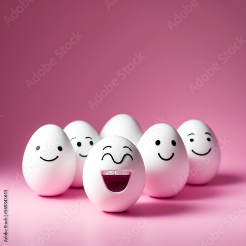 White Easter eggs with a laughing and happy face, eyes and mouth, on a pink background. Generative AI, generative artificial intelligence