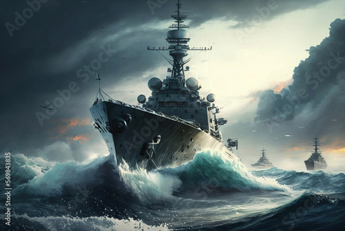 Fototapete Modern warship formation on the sea battlefield, war zone, Generative AI