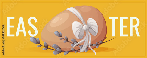 Festive flyer for Happy Easter. Chicken egg of natural color with a bow and willow twigs. Vector illustration for poster, banner, website.