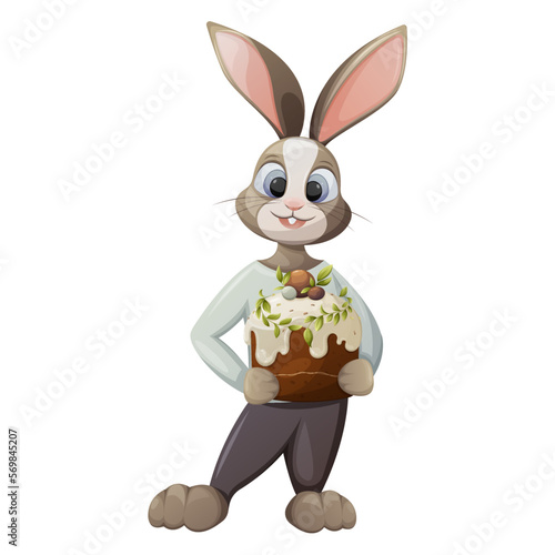 Funny bunny holding Easter cake in paws, decorated with white icing and leaves. Vector illustration for the spring holiday. Forest animals. Isolated background.