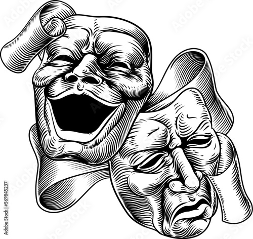 Theater or theatre drama comedy and tragedy masks in a vintage woodcut etching style