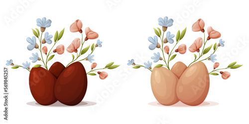 Set of Easter chicken eggs in red and natural color with spring flowers. Vector illustration for a religious holiday on an isolated background.