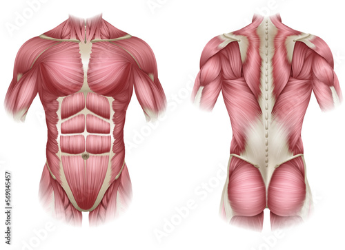Human body muscles of the trunk shown from front and back anatomy or medical anatomical diagram illustration.
