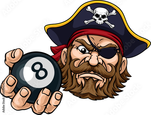 A pirate angry mean pool billiards mascot cartoon character holding a black 8 ball.
