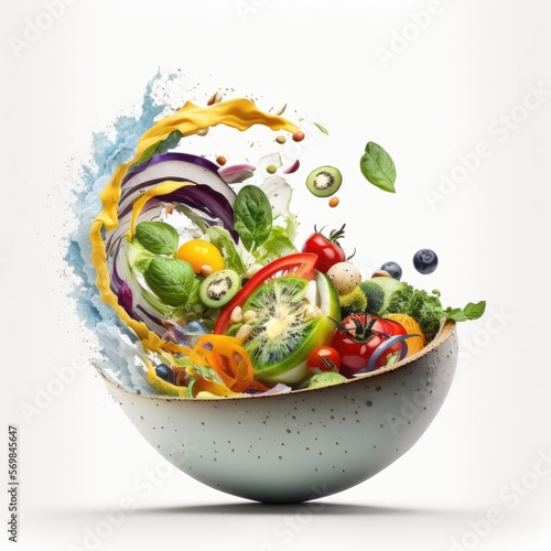 Gemischter bunter Salat fliegt dynamisch in weißer Salatschüssel, isoliert auf weißem Hintergrund - gesunde Ernährung und Diät Konzept 